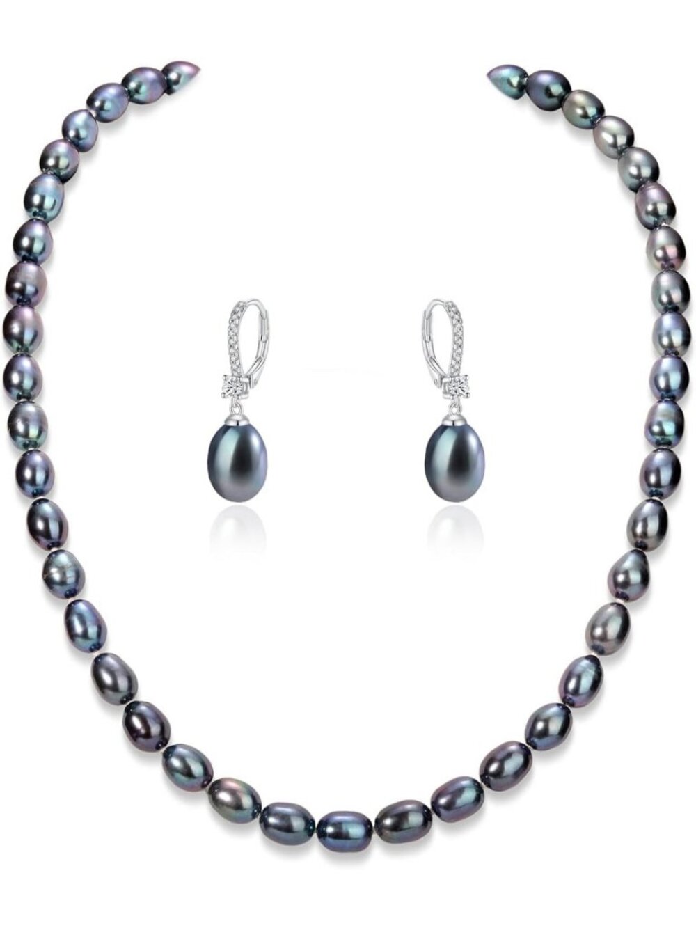 Elegant Freshwater Pearl Necklace & Earrings Set - Pink, White, Black - 925
